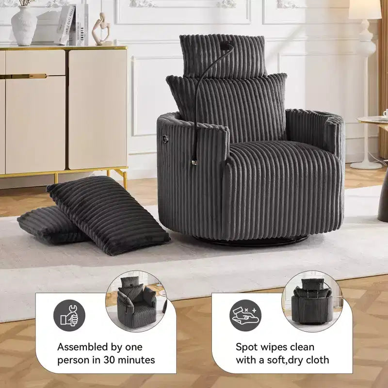 Fauteuil inclinable en velours côtelé, fauteuil pivotant 210 avec dossier et repose-pieds réglables, fauteuil à bascule avec support de téléphone -