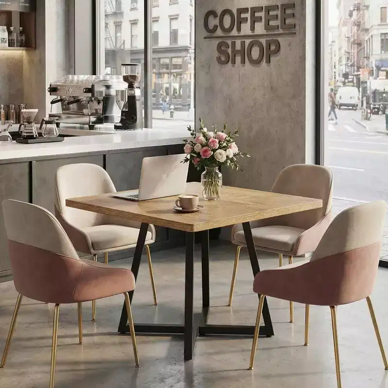 Table à manger industrielle carrée de 80 cm, Plateau MDF marron vintage et cadre en métal noir, Table polyvalente 2 places pour la maison et le bureau