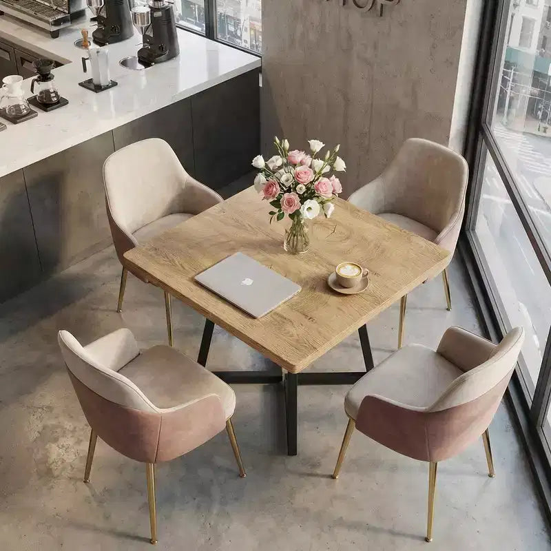 Table à manger industrielle carrée de 80 cm, Plateau MDF marron vintage et cadre en métal noir, Table polyvalente 2 places pour la maison et le bureau