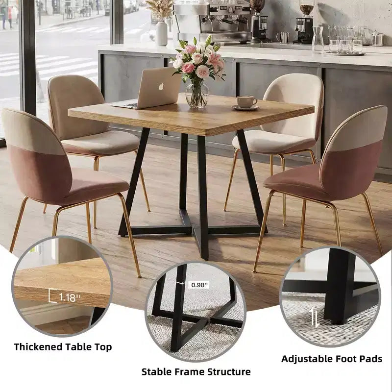 Table à manger industrielle carrée de 80 cm, Plateau MDF marron vintage et cadre en métal noir, Table polyvalente 2 places pour la maison et le bureau