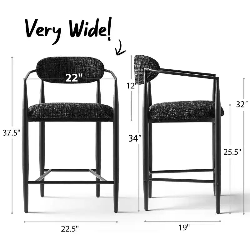 Tabouret de bar moderne rembourré à hauteur de comptoir avec pieds effilés en métal noir, siège spacieux pour îlot de cuisine ou bar à domicile-