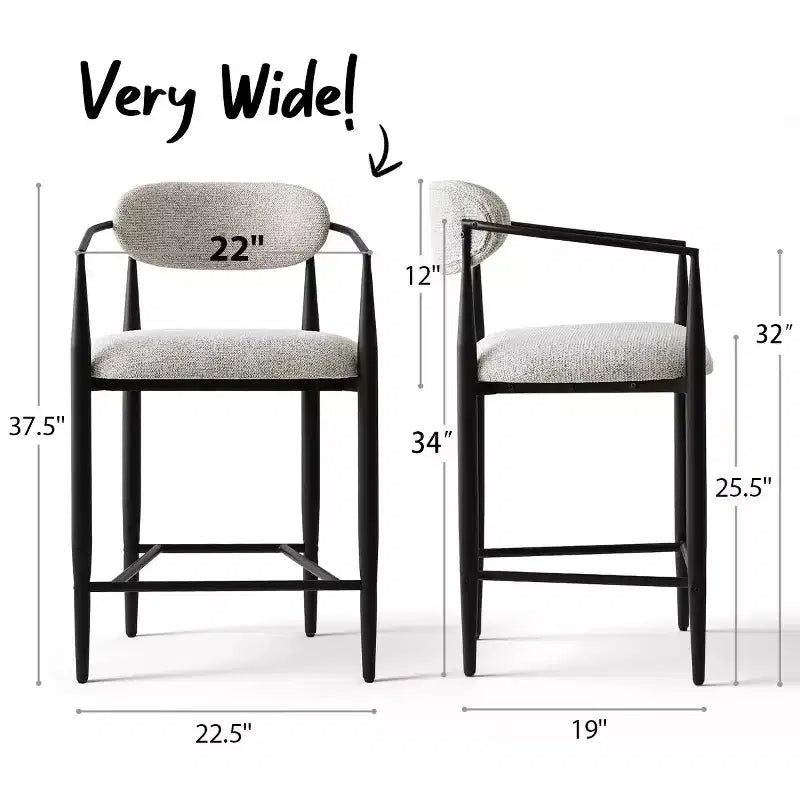 Tabouret de bar moderne rembourré à hauteur de comptoir avec pieds effilés en métal noir, siège spacieux pour îlot de cuisine ou bar à domicile-