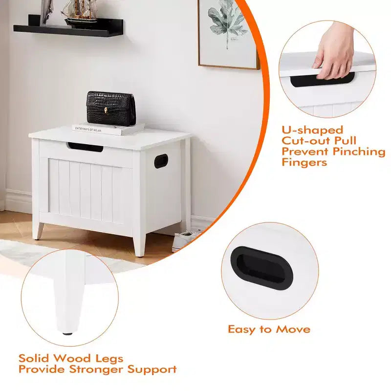 Grand banc de rangement en bois avec couvercle supérieur, siège épais rembourré, 2 charnières de sécurité, capacité de 118 kg, pour entrée, chambre, salon, 60 cm, blanc