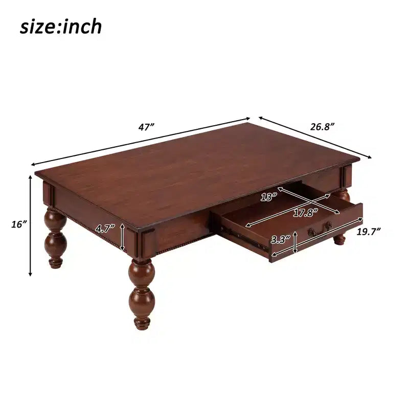 Table basse rectangulaire en bois avec tiroir de rangement, pieds en bois massif en forme de calebasse pour salon, noyer