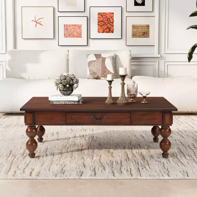 Table basse rectangulaire en bois avec tiroir de rangement, pieds en bois massif en forme de calebasse pour salon, noyer