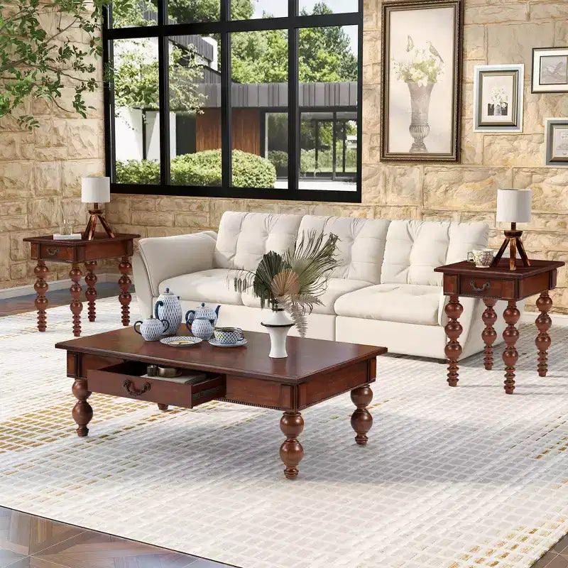 Table basse rectangulaire en bois avec tiroir de rangement, pieds en bois massif en forme de calebasse pour salon, noyer