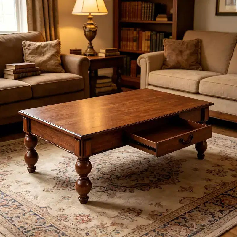 Table basse rectangulaire en bois avec tiroir de rangement, pieds en bois massif en forme de calebasse pour salon, noyer