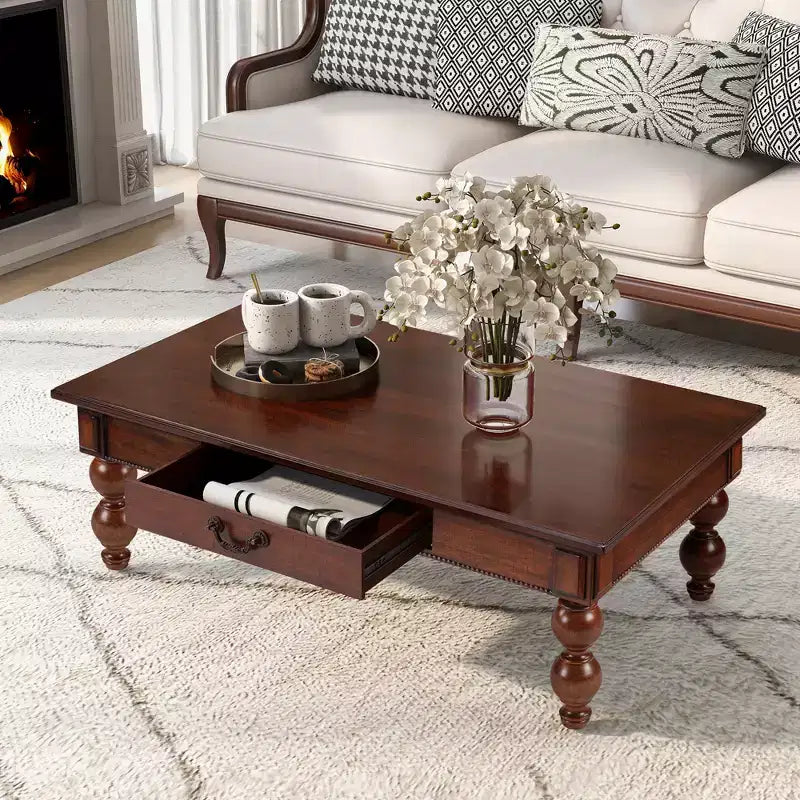 Table basse rectangulaire en bois avec tiroir de rangement, pieds en bois massif en forme de calebasse pour salon, noyer