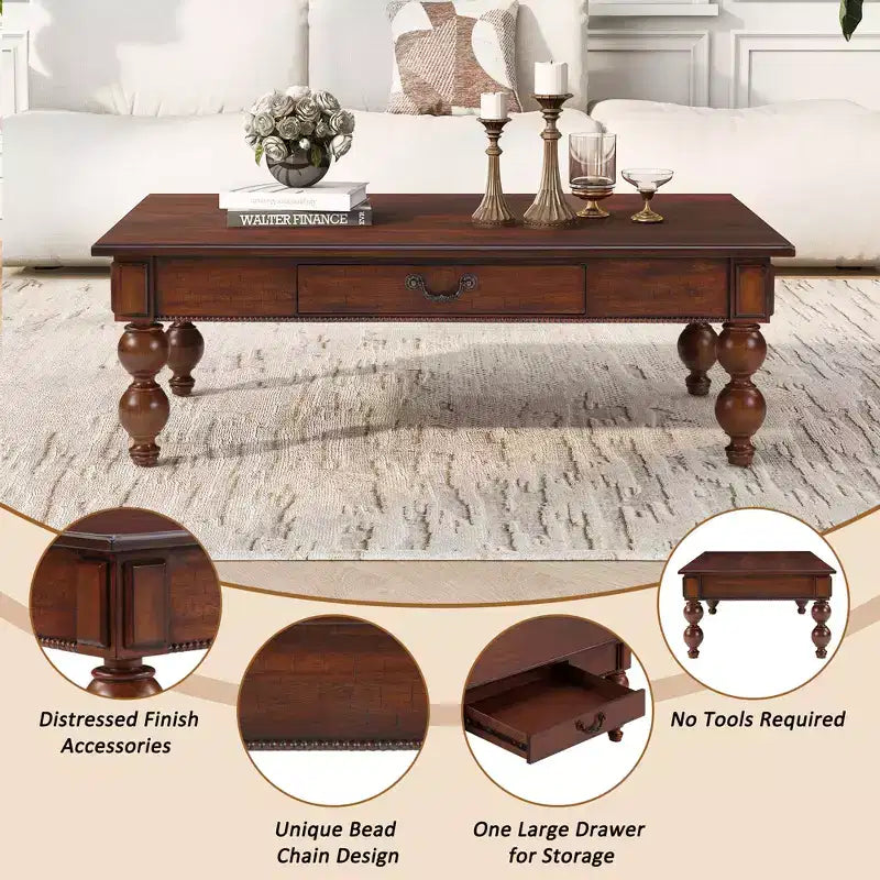 Table basse rectangulaire en bois avec tiroir de rangement, pieds en bois massif en forme de calebasse pour salon, noyer