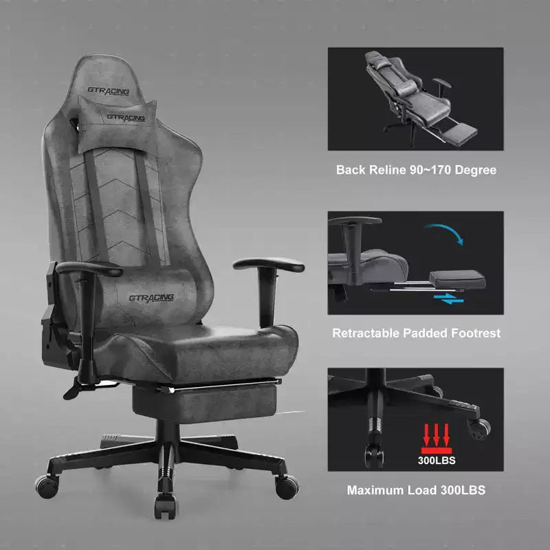 Chaise de gamer avec repose-pieds, fauteuil de bureau ergonomique inclinable avec support lombaire, gris