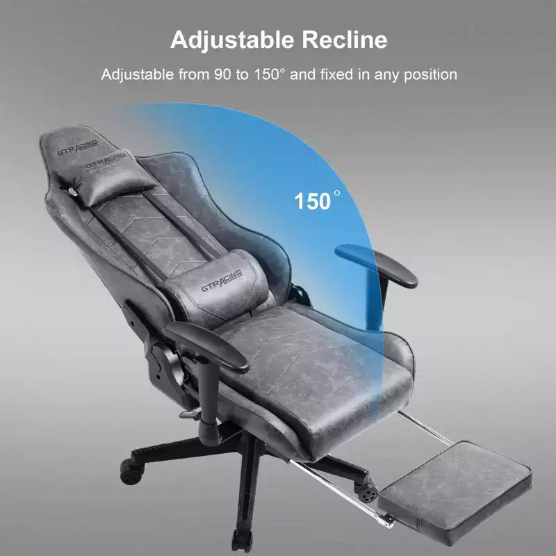 Chaise de gamer avec repose-pieds, fauteuil de bureau ergonomique inclinable avec support lombaire, gris