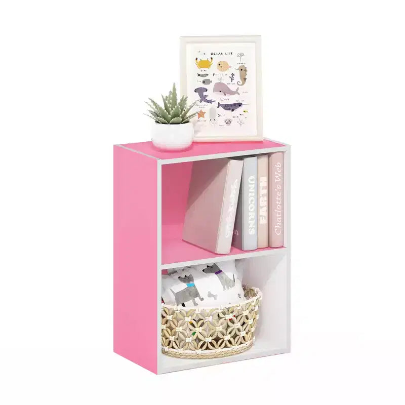 Étagère compacte à 2 niveaux avec casier ouvert, table d'appoint de canapé, table de chevet, meuble de rangement et de présentation pour utilisation horizontale/verticale, rose/blanc